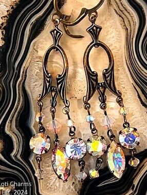 Stunning Victorian Chandelier Swarovski Crystal AB In Brass Earrings
